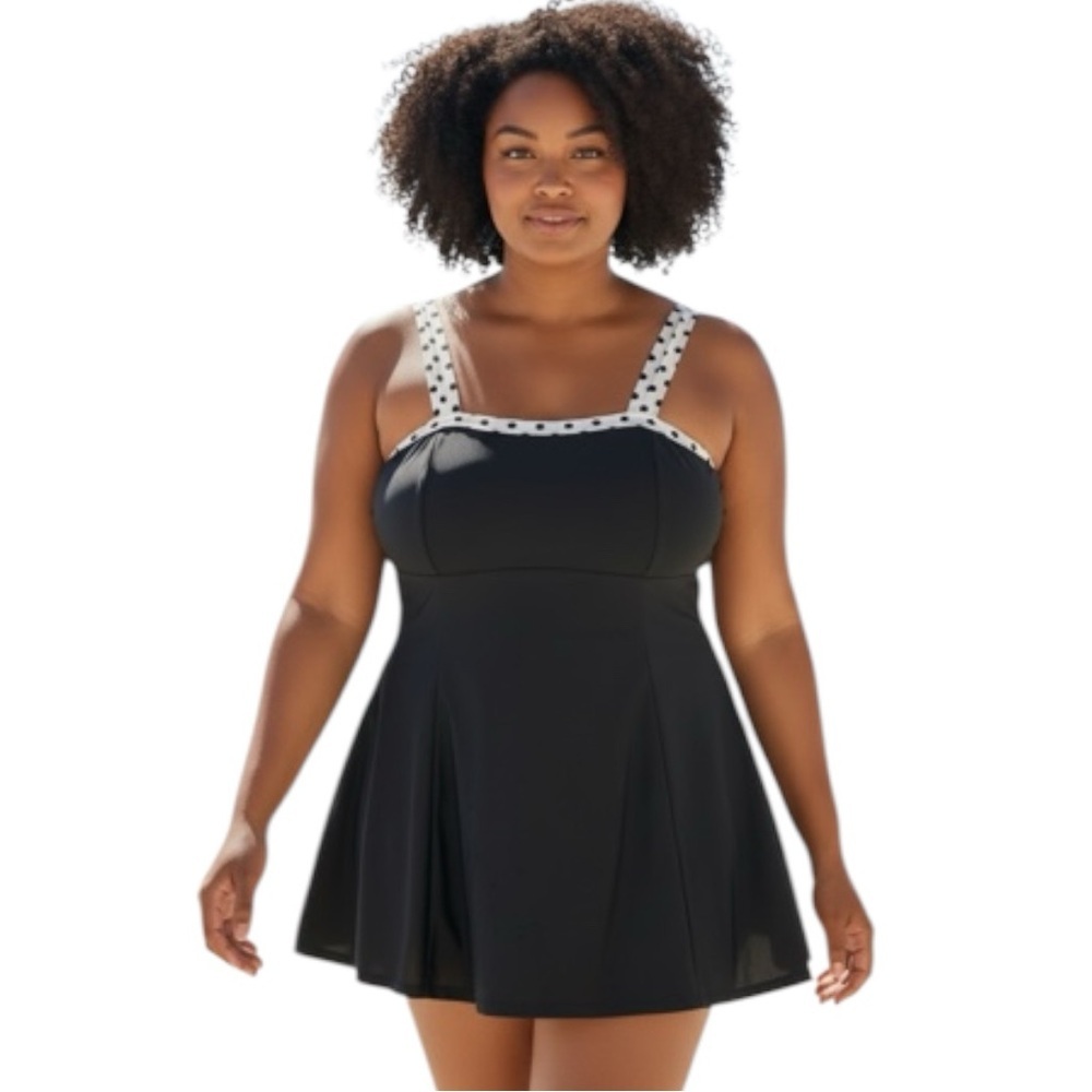 Black Swimdress Sz 1X Polka Dot Trim Built in Bodysuit & Bra Ajustable Strap